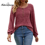 Women's Fall Button Scoop Neck Puff Long Sleeve Henley Shirts