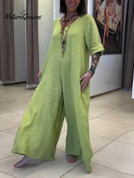 Women's Casual Solid Color V-Neck Mid-Sleeve Cotton and Linen Jumpsuit