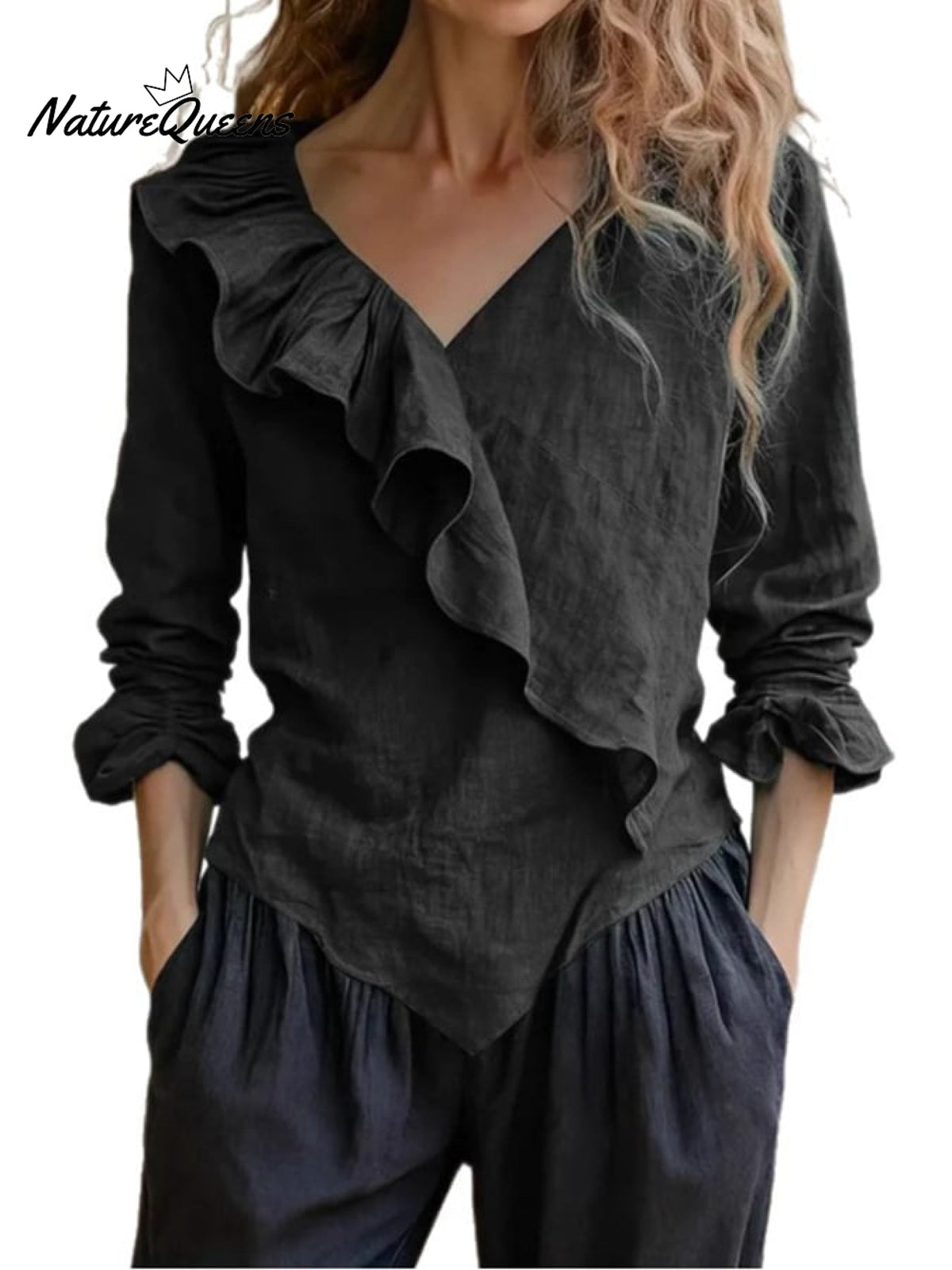 Women'S Solid Color V-Neck Ruffle Trim Cotton And Linen Top