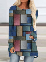 Crew Neck Long Sleeve Denim Pattern Mid-length Blouse