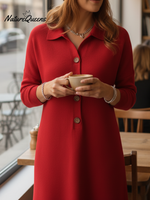 Classic Polo Collar Button Solid Color Knitted Midi Dress