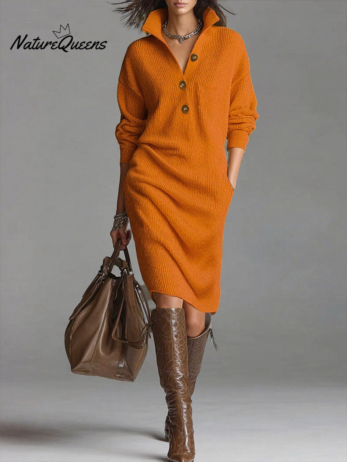 Women's Solid Color Stand Collar Long Sleeve Casual Loose Knitted Dress