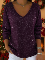 Women's V-neck Solid Color Loose Shiny Sweater