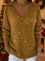 Women's V-neck Solid Color Loose Shiny Sweater