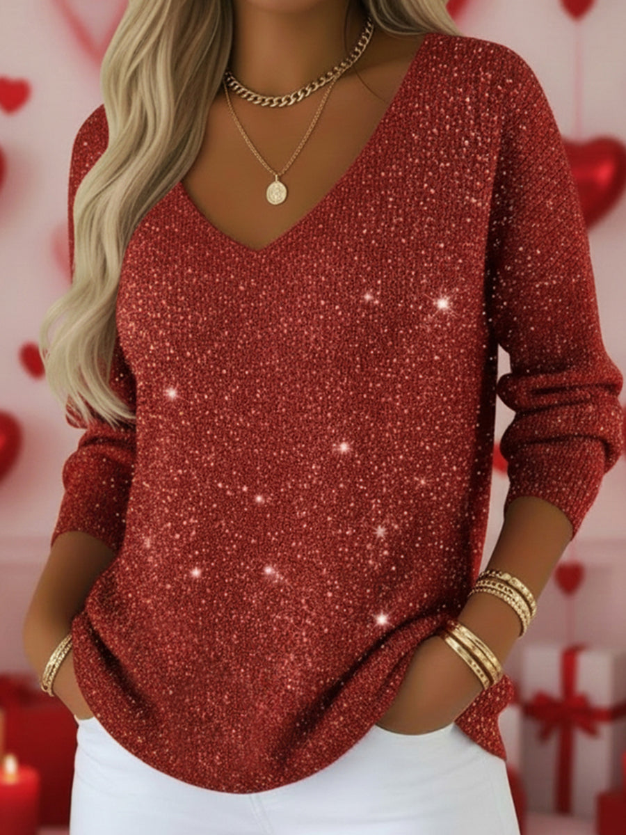 Women's V-neck Solid Color Loose Shiny Sweater