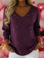 Women's V-neck Solid Color Loose Shiny Sweater