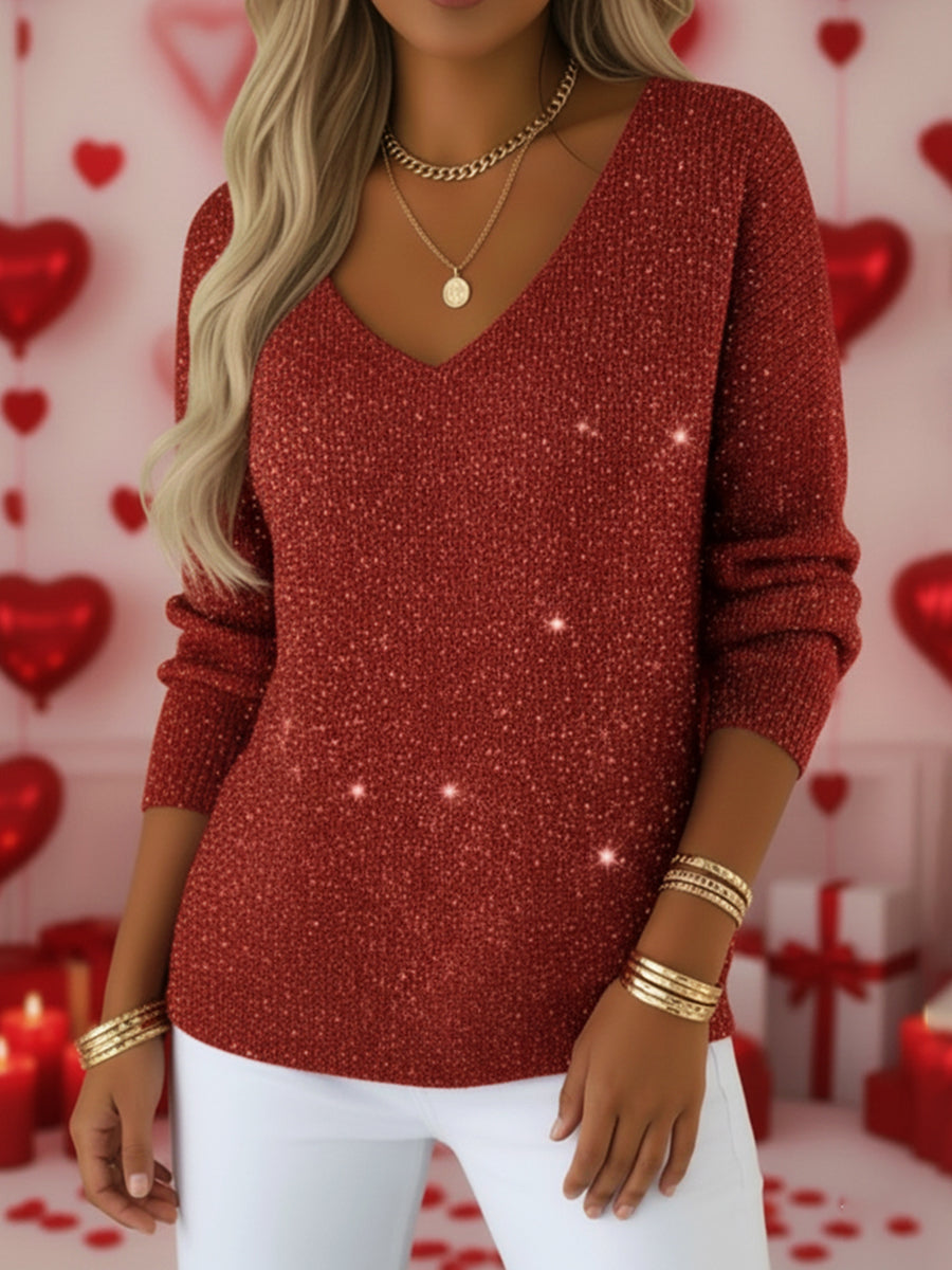 Women's V-neck Solid Color Loose Shiny Sweater