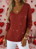 Women's V-neck Solid Color Loose Shiny Sweater