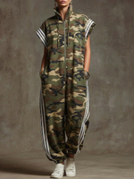 Women's camouflage print stand-collar short-sleeved casual loose cotton wide-leg jumpsuit