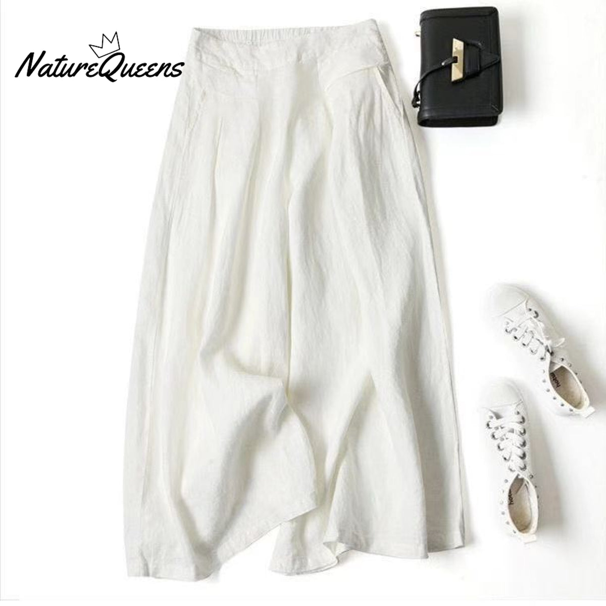 Cotton Linen Loose Semi - Elastic Cropped Pants White / S