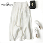 Cotton Linen Loose Semi - Elastic Cropped Pants White / S