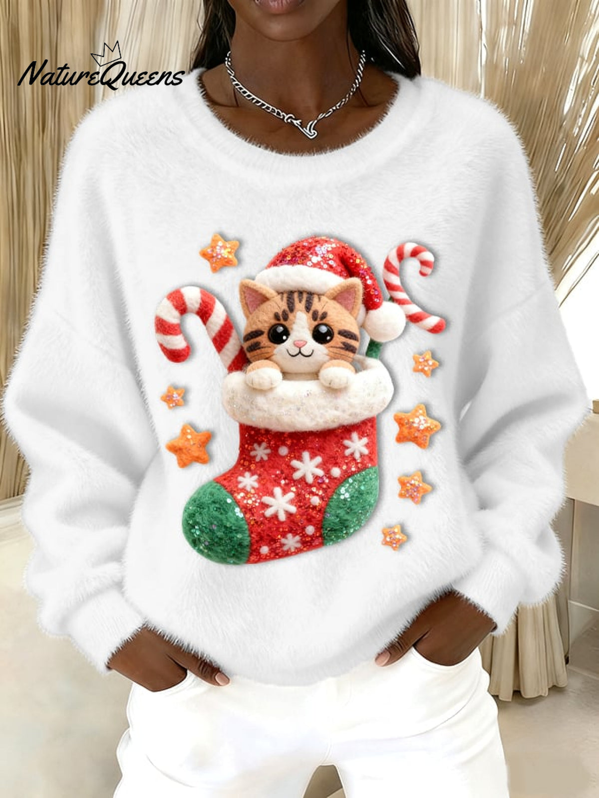 Women's Vintage Christmas Cute Cat Print Sweater