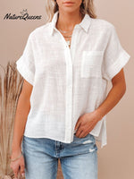 Women’s Cotton Linen Short Sleeves Ladies Lapel Buttoned Shirt White / S