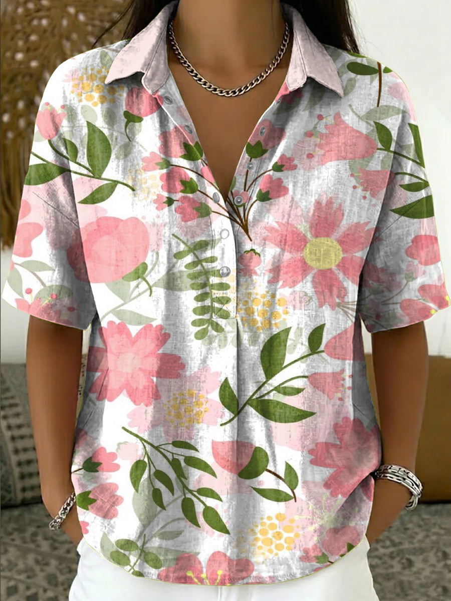 Women's Vintage Floral Art Print Cotton-linen Short-sleeve Shirt