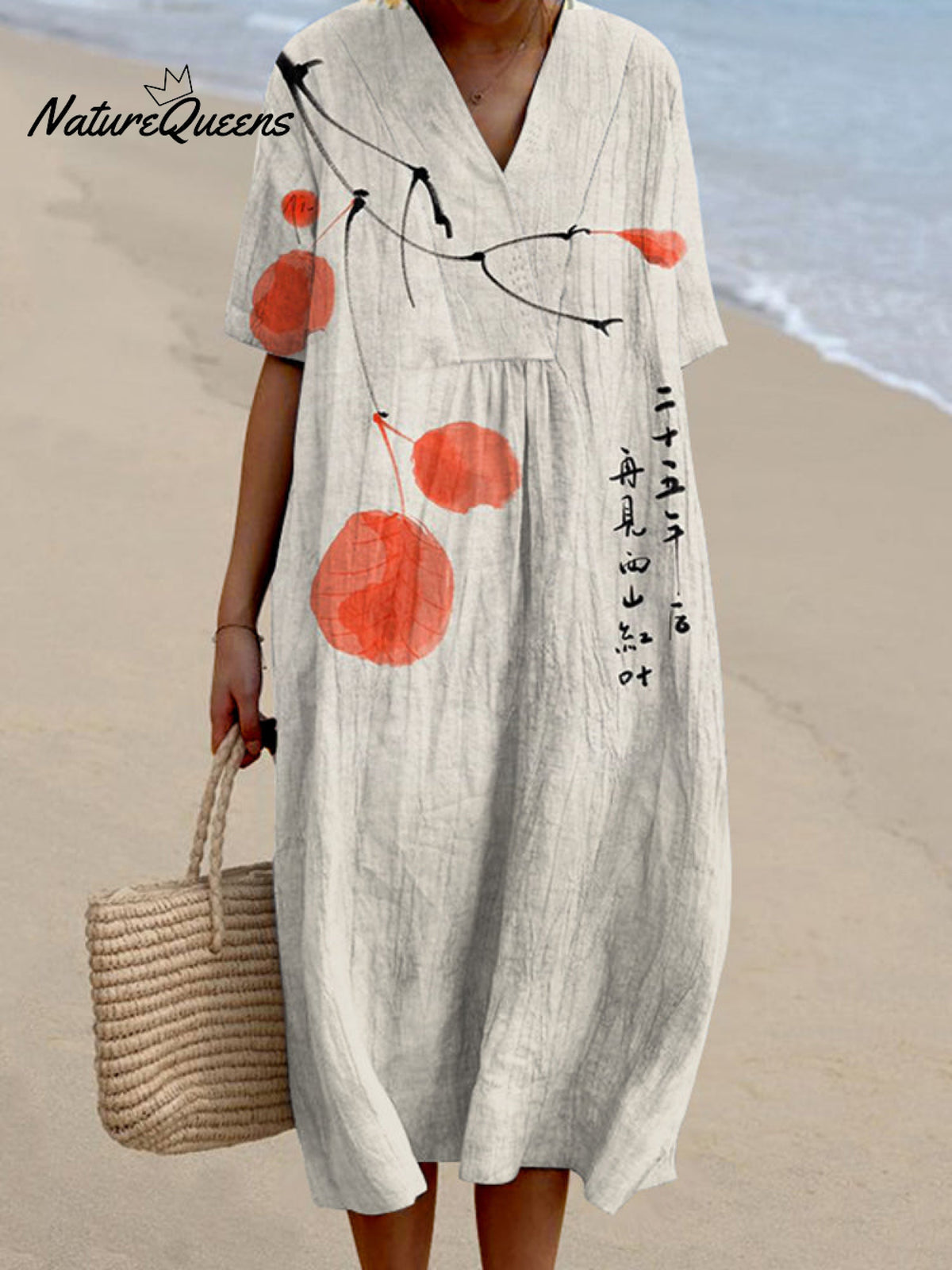 Vintage Ink Wash Painting V Neck Casual Midi Dress