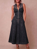 Women's V-neck Sleeveless Casual Loose Denim-paneled Dress