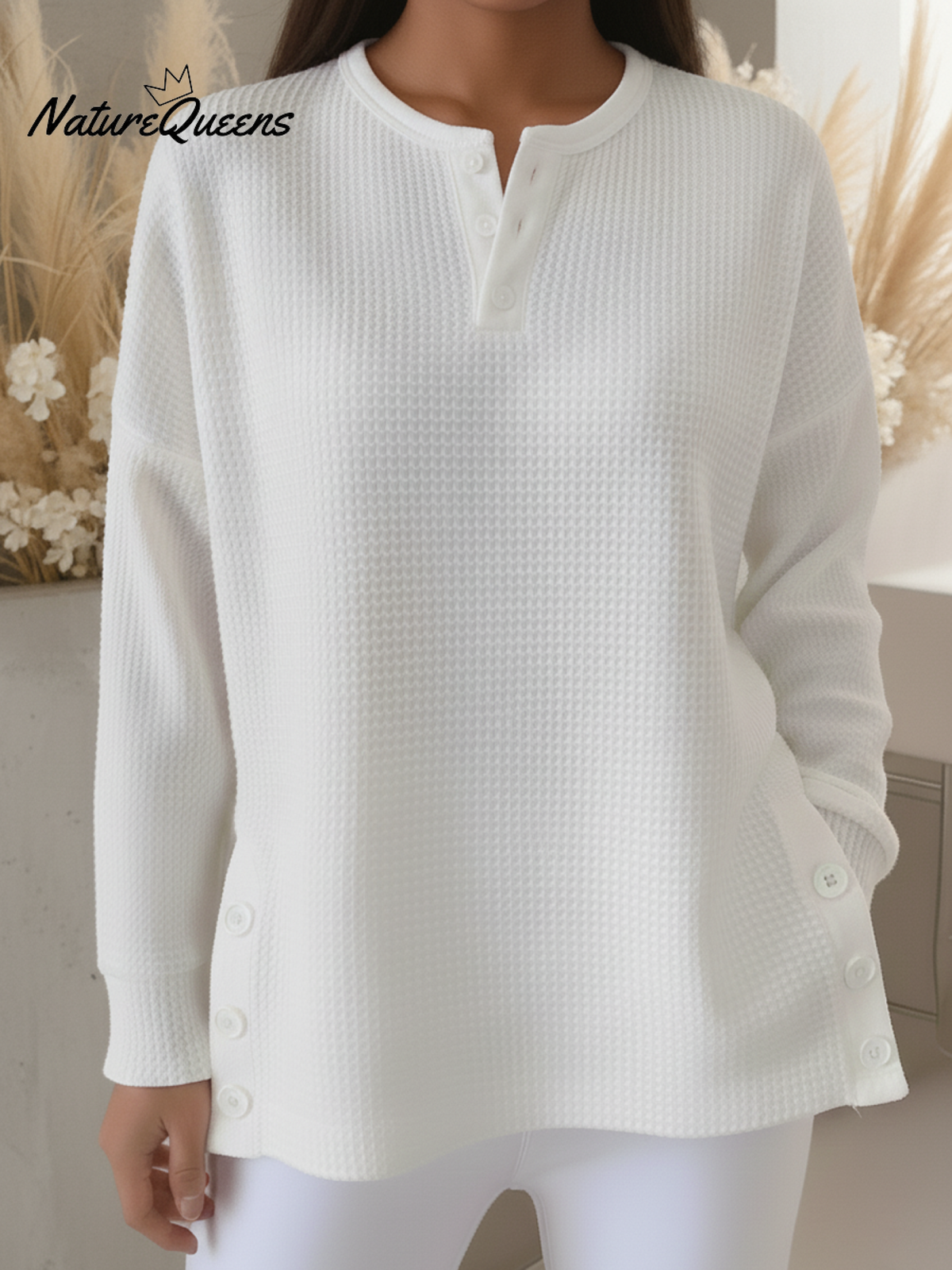 Casual Henley Neck Side Slit Button Waffle Pullover Top