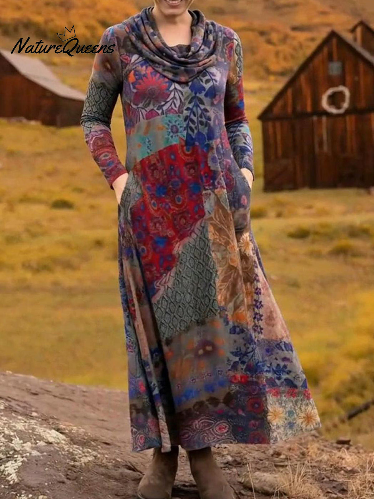 Women's Boho Boat-Shaped Collar Floral Print Stretch Dress