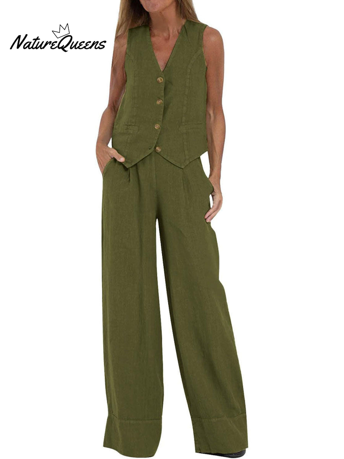 Women's Fashion Solid Color Vest Trousers Collage Stitching Cotton and Linen Casual Suit