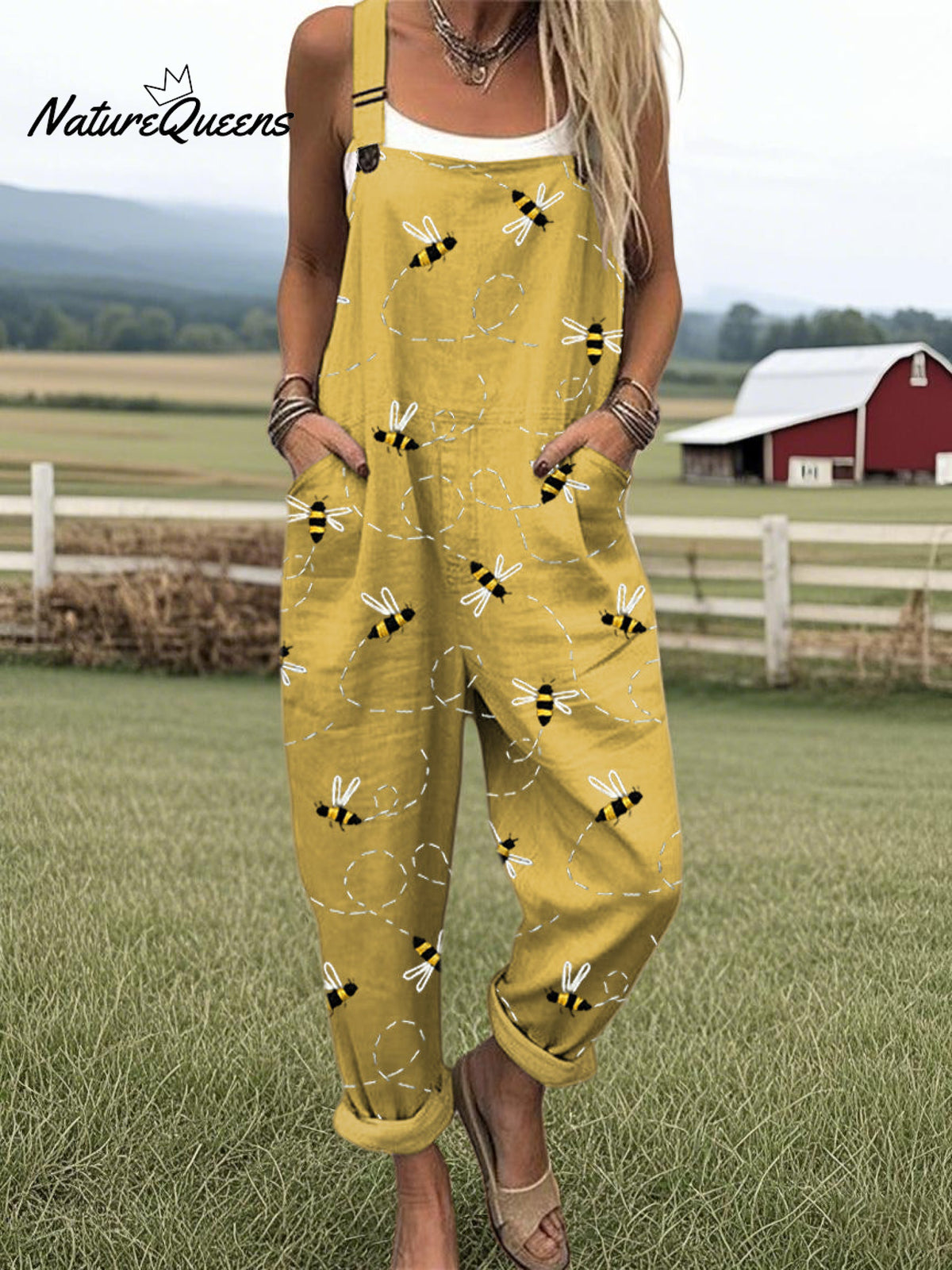 Women's Flying Bees Embroidery Pattern Casual Cotton Wide Leg Jumpsuit
