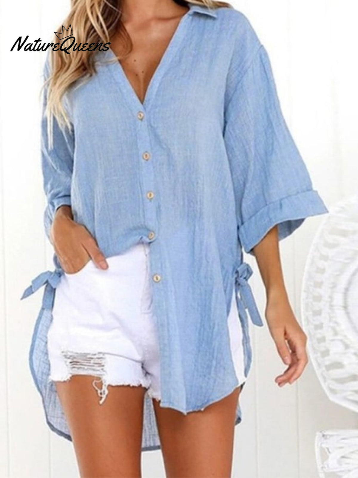 Ladies Cotton Linen Irregular Casual Shirt