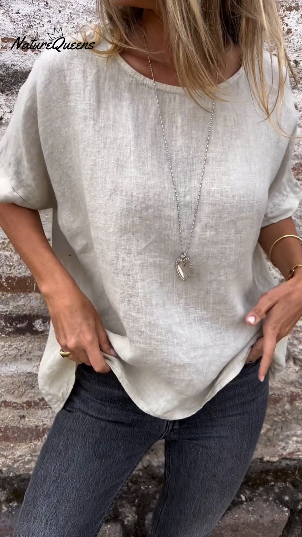 Solid Color Round Neck Half-sleeved Cotton Linen Blouse