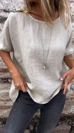 Solid Color Round Neck Half-sleeved Cotton Linen Blouse