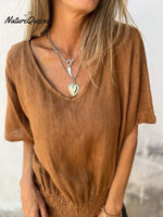 V-Neck Cotton-Linen Smocked Hem Tops (Buy 2 Free Shipping)