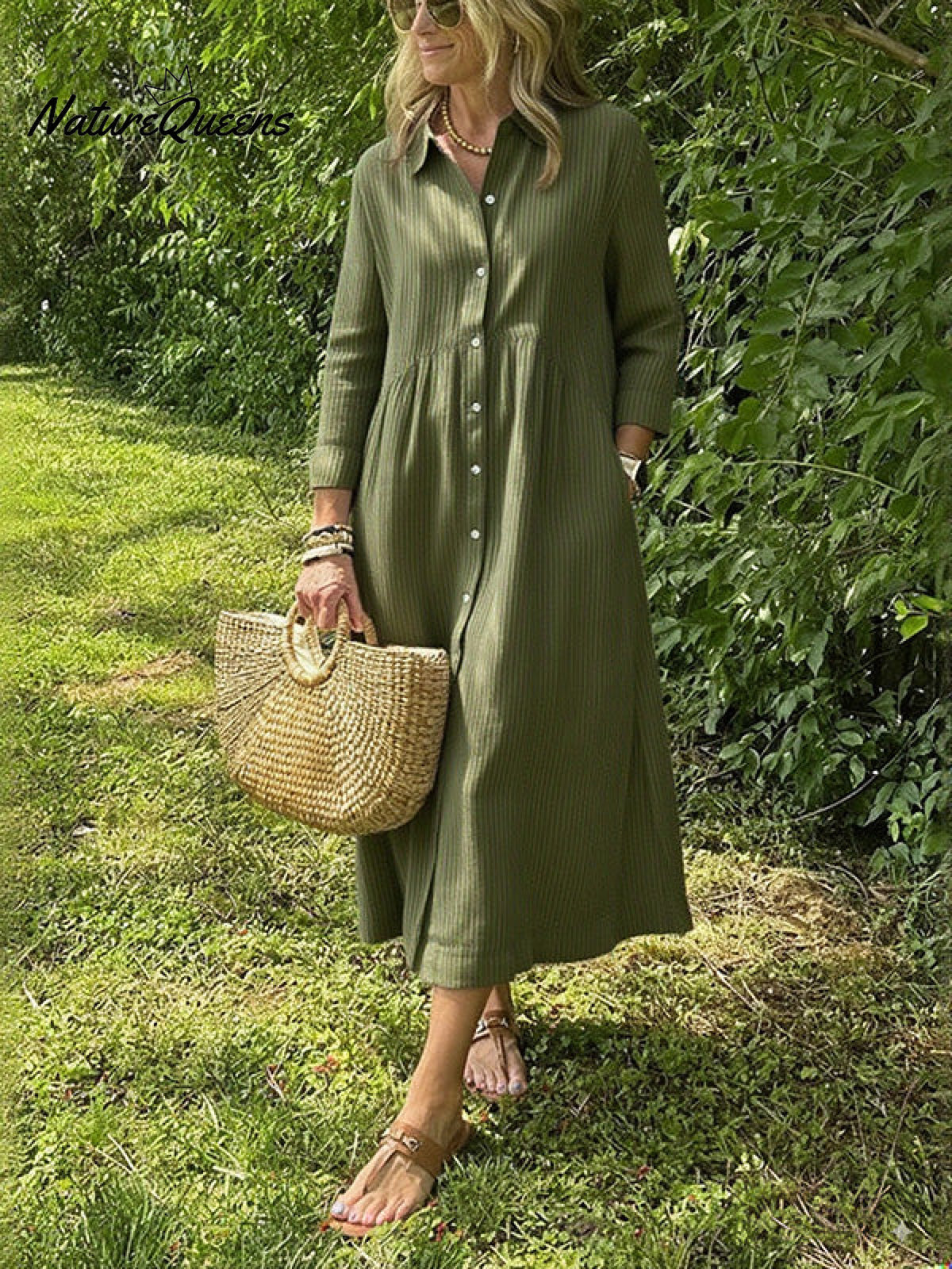 NEW🔥 Long Sleeve Striped Lapel Button Down Dress