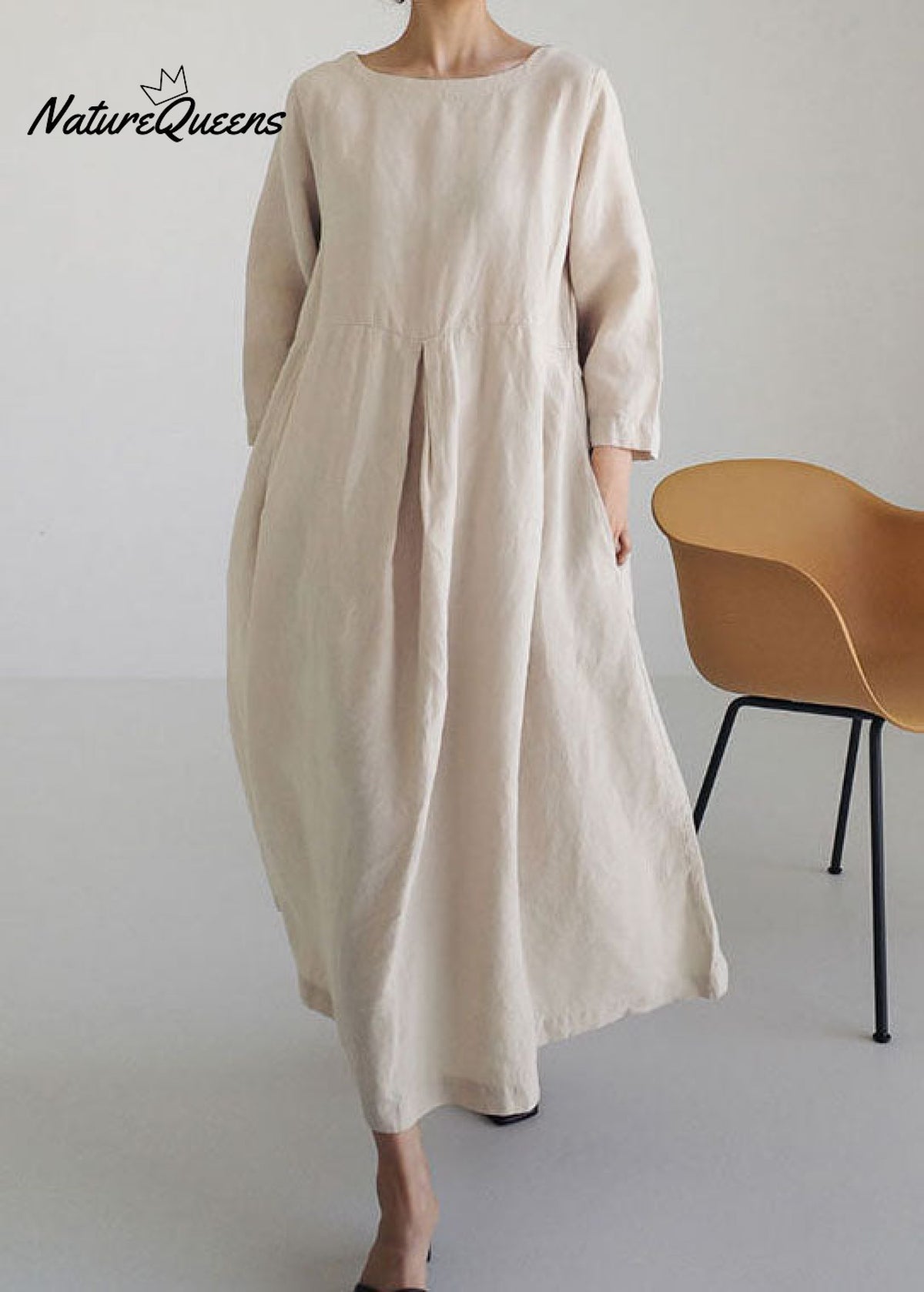 Apricot Cotton Dresses Pockets Patchwork Spring