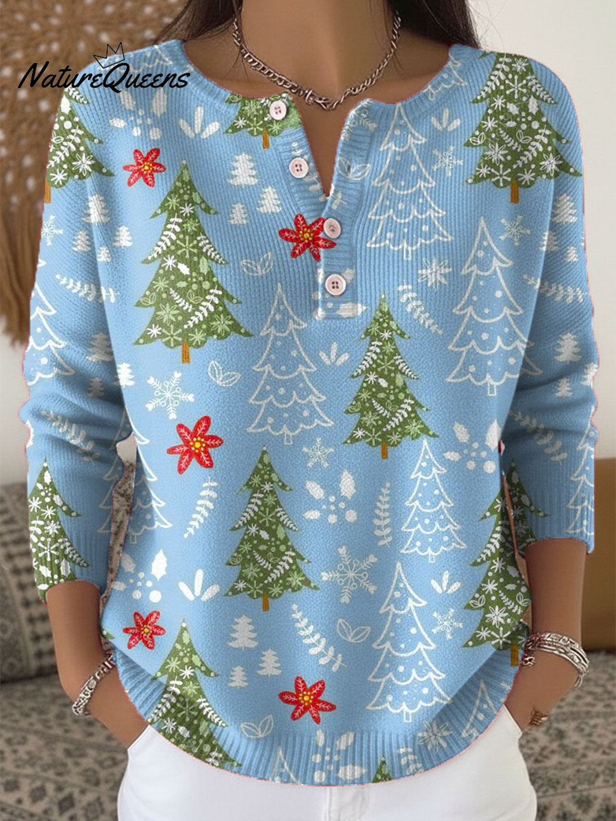 Women's Christmas Tree Pattern Art Print Buttoned Cardigan Sweater