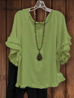 Double Ruffle Short Sleeve Round - Neck Top Green / S Tops