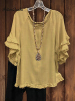 Double Ruffle Short Sleeve Round - Neck Top Yellow / S Tops