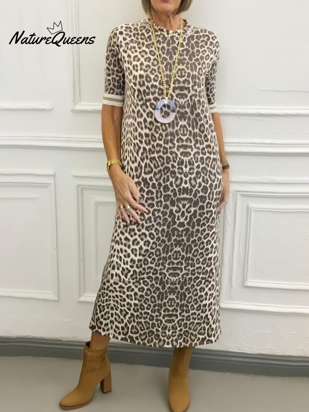 Animal Pattern Round Neck Midi Dress