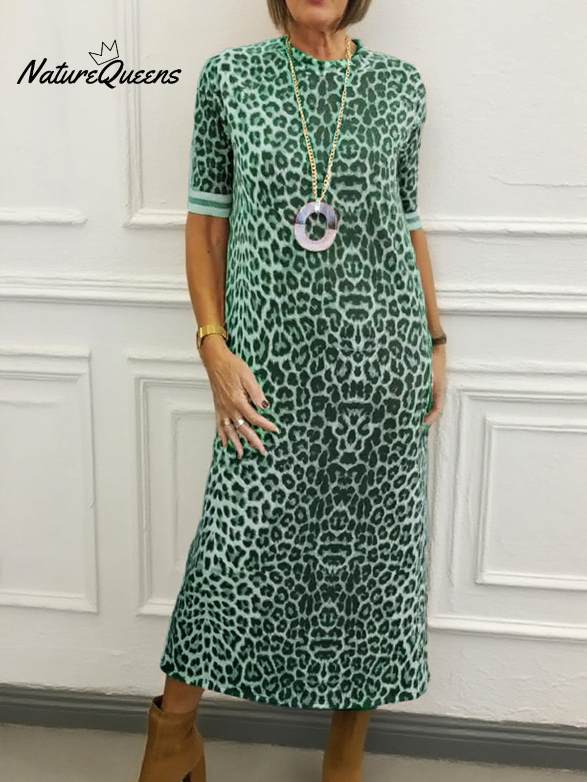 Animal Pattern Round Neck Midi Dress