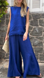 Women's Solid Color Casual Loose Stylish Sleeveless Top Pants Two Piece Suit