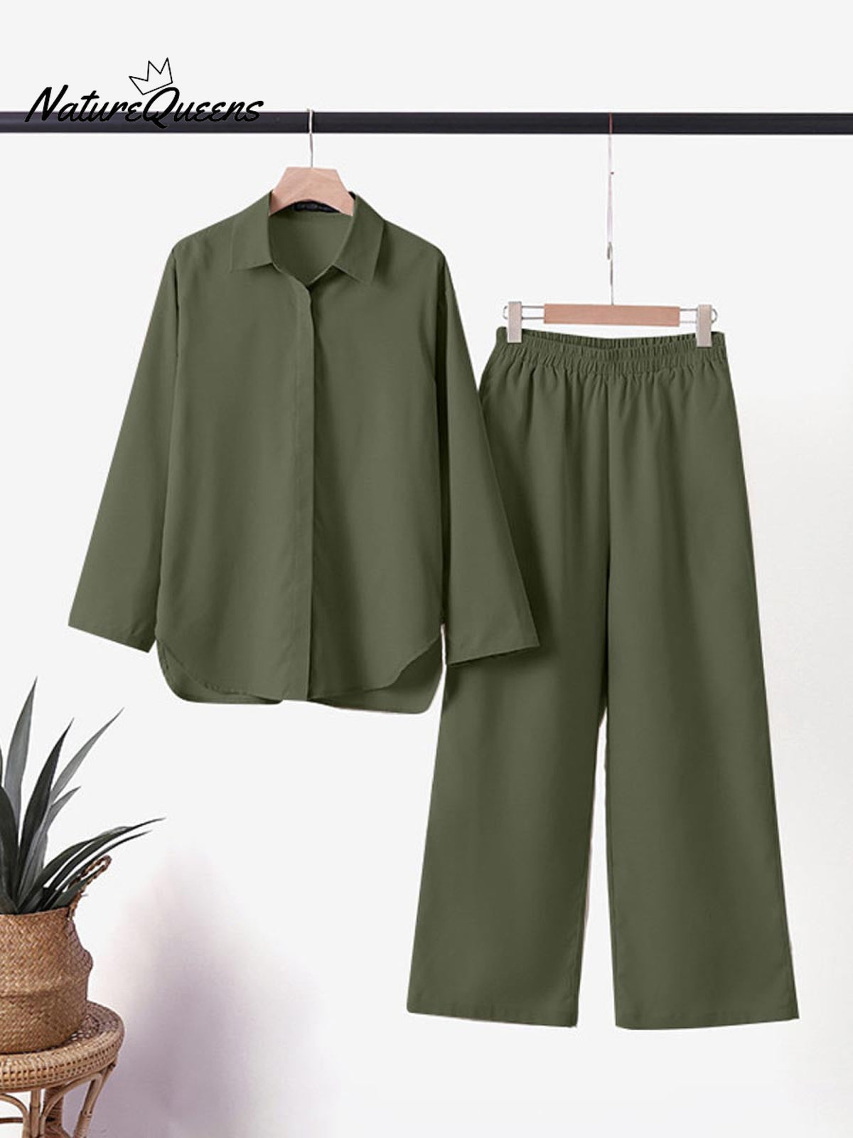 Women's Solid Color Casual Loose Long Sleeve Shirt Wide Leg Pants Two-piece Suit