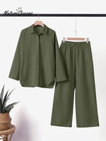 Women's Solid Color Casual Loose Long Sleeve Shirt Wide Leg Pants Two-piece Suit