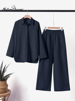 Women's Solid Color Casual Loose Long Sleeve Shirt Wide Leg Pants Two-piece Suit