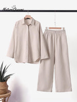 Women's Solid Color Casual Loose Long Sleeve Shirt Wide Leg Pants Two-piece Suit