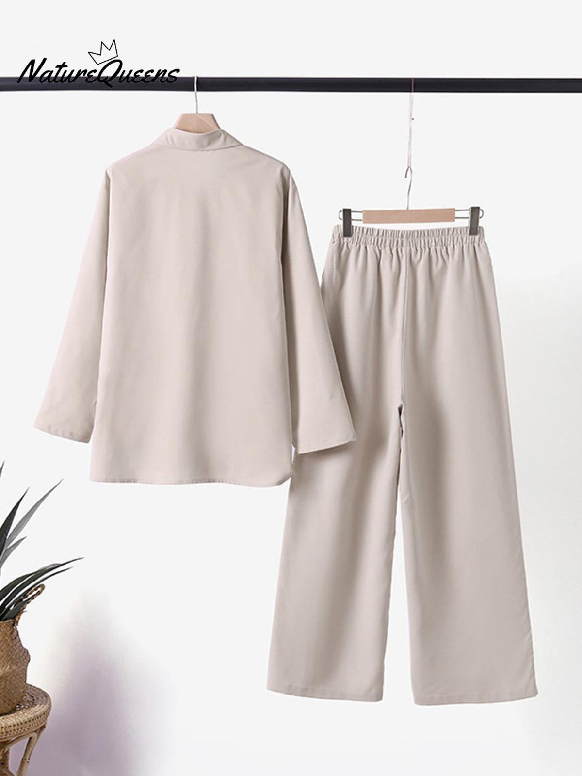 Women's Solid Color Casual Loose Long Sleeve Shirt Wide Leg Pants Two-piece Suit