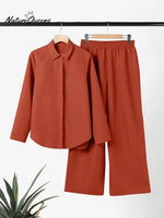 Women's Solid Color Casual Loose Long Sleeve Shirt Wide Leg Pants Two-piece Suit