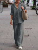 Women's Solid Color Casual Loose Long Sleeve Shirt Wide Leg Pants Two-piece Suit