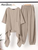 Women's Solid Color Casual Elegant Stylish Irregular hem Skirt Loose Pants Two Piece Suit