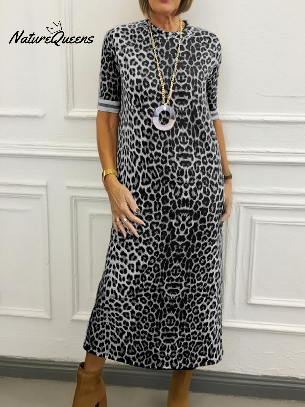 Animal Pattern Round Neck Midi Dress