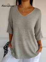 Women’s Solid Color Knitted 3/4 Sleeve V - Neck Top