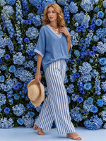 Casual Two-piece Set: Striped Linen & Cotton Patchwork Top And Striped Trousers— Look Put Together in 5 Seconds