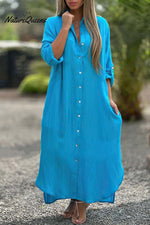 Long Sleeve Cardigan Cotton Linen Shirt Dress Sky Blue / S