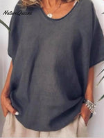 Solid color loose short-sleeved casual cotton and linen T-shirt