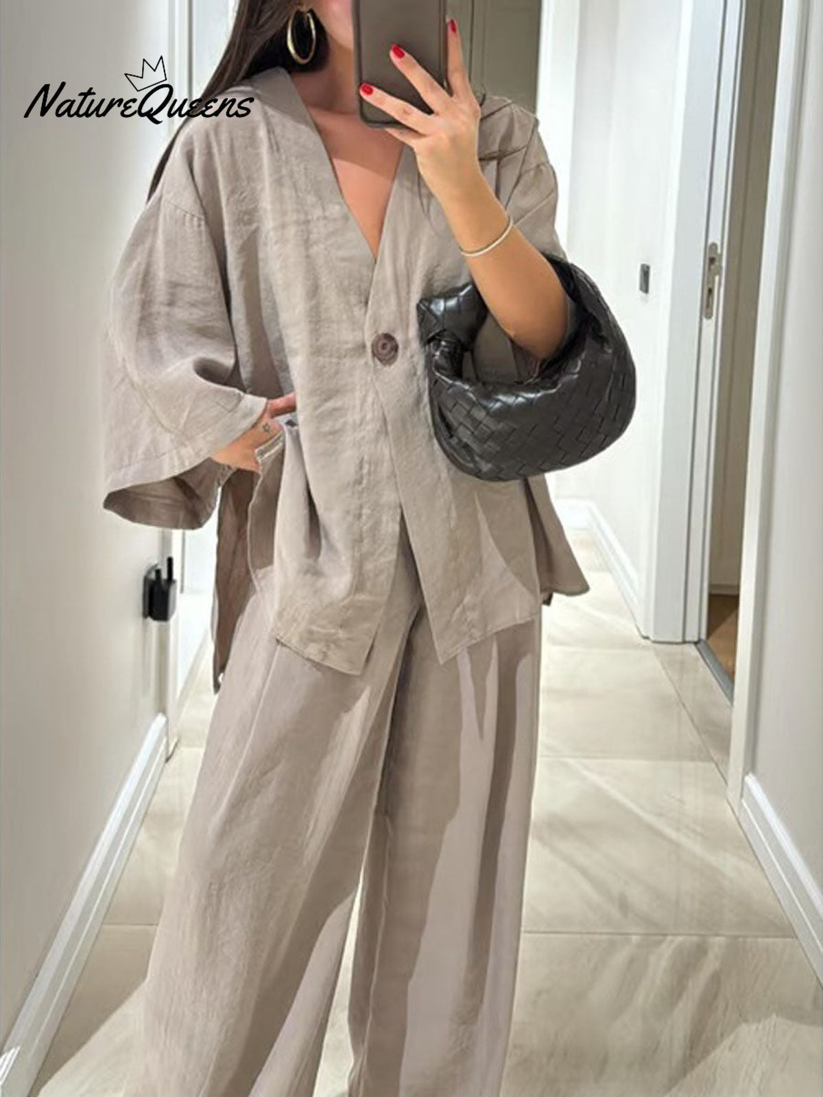 Women's Solid Color Casual Loose Stylish V-Neck Shirt Pants Suit